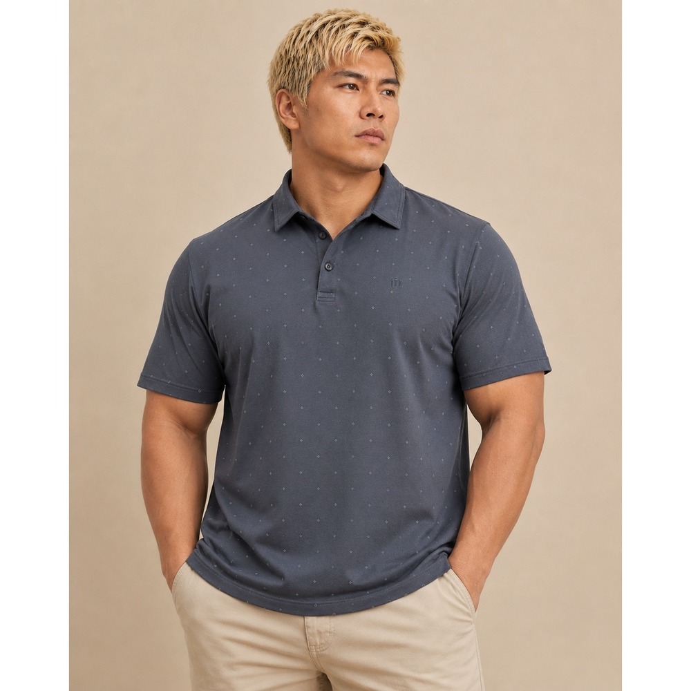 TravisMathew Mens XL Polo Shirt Charcoal Grey Geometric Diamond Print Golf Top